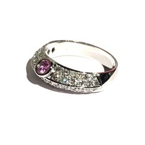 18K .94CT VS Natural Pavé Diamond Pink Sapphire Solid White Gold Ring Size 6